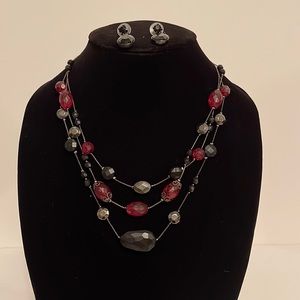 Macy’s Black & Red Beaded Necklace and Earrings